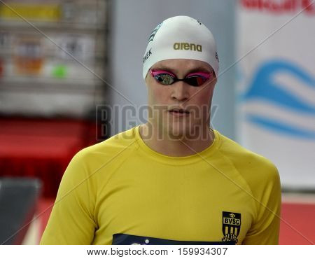 Hong Kong China - Oct 29 2016. Olympian and World Youth gold medalist Peter BERNEK (HUN) at the start of Men's Freestyle 200m Final. FINA Swimming World Cup Victoria Park Swimming Pool.
