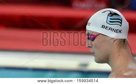 Hong Kong China - Oct 29 2016. Olympian and World Youth gold medalist Peter BERNEK (HUN) at the start of Men's Freestyle 200m Final. FINA Swimming World Cup Victoria Park Swimming Pool.