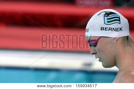Hong Kong China - Oct 29 2016. Olympian and World Youth gold medalist Peter BERNEK (HUN) at the start of Men's Freestyle 200m Final. FINA Swimming World Cup Victoria Park Swimming Pool.