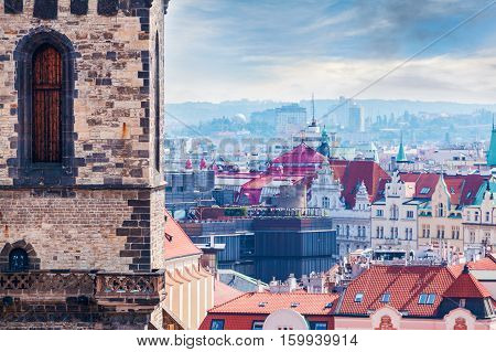 Church of Our Lady before Tyn, Tyn Church details against the backdrop of the city. Prague, Czech Republic, Close up