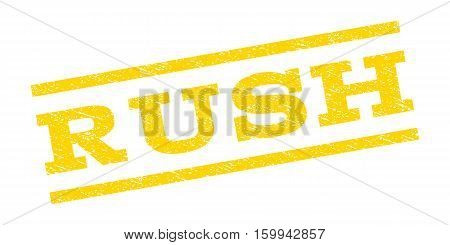 Rush watermark stamp. Text caption between parallel lines with grunge design style. Rubber seal stamp with scratched texture. Vector yellow color ink imprint on a white background.