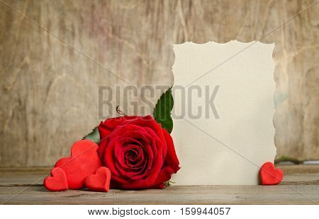 Red Rose With Paper For Text And Handemade Valentines Around