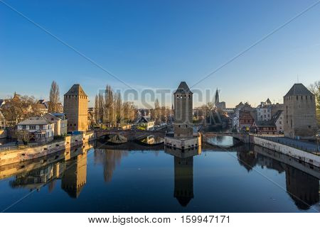 Strasbourg, medieval bridge Ponts Couverts is located in the historic district 