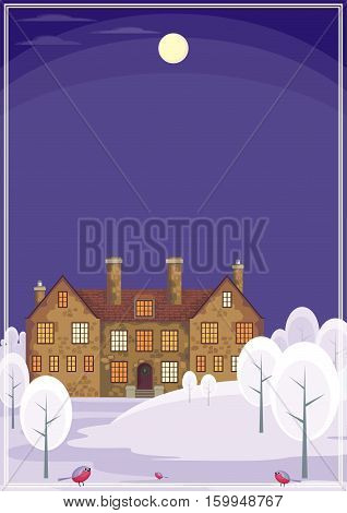 Image of a old English house on a background of a winter landscape. Vector illustration.