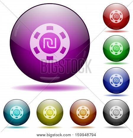 New Shekel casino chip color glass sphere buttons with shadows.