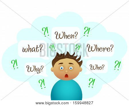 Boy question. Kind study vector illustration cartoon characters.