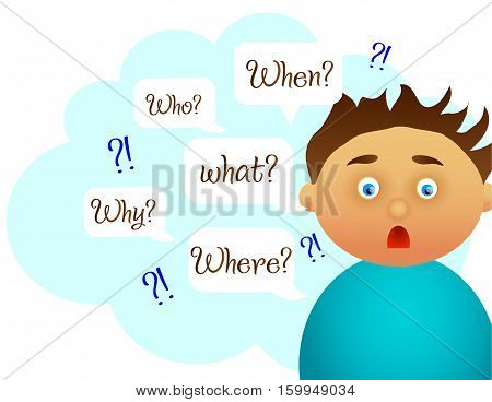 Boy question. Kind study vector illustration cartoon characters.
