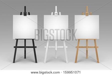 Vector Set of Wooden Brown Black White Sienna Easels with Mock Up Empty Blank Square Canvases Isolated on Background