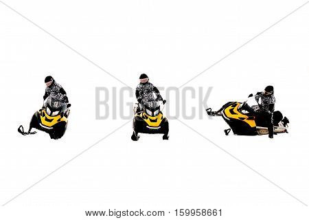 Man on snowmobile. Isolated on white background. Winter sports and entertainment. Set.