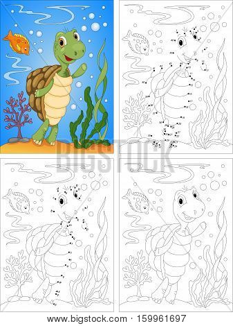 Turtle In The Ocean. Coloring Book And Dot To Dot Game For Kids