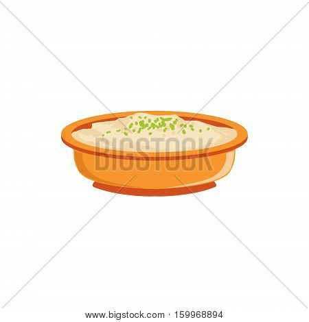 Rice Pudding In Bowl Supplemental Baby Food Products Allowed For First Complementary Feeding Of Small Child Cartoon Illustration. Colorful Flat Vector Drawing With Meal Allowed For Toddler Proper Diet.