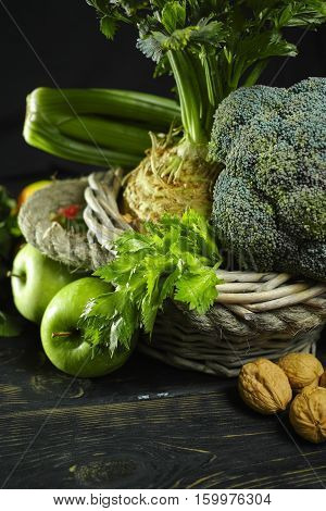 Green vegetables and fruits - celery apples celery root celeriac broccoli healthy diet concept
