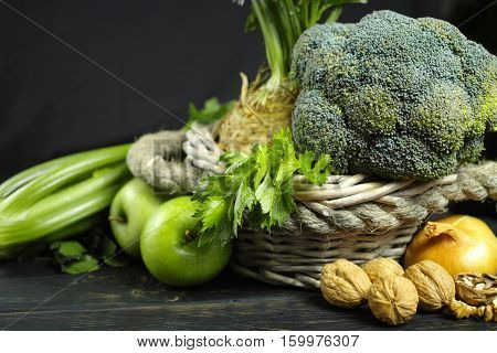 Green vegetables and fruits - celery apples celery root celeriac broccoli healthy diet concept