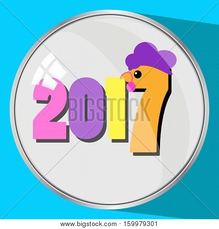 the icon picture the button reflection glass number two thousand seventeenth 2017 on a blue fone.simvol Christmas a rooster chicken bird. to use for design, the press, t-shirts. vector illustration.