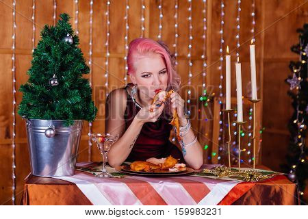 Gorgeous Young Woman Drinks Champagne