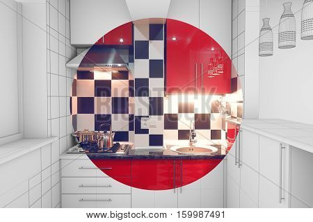 Modern interior of small red kitchen half finished half 3d illustration clay render