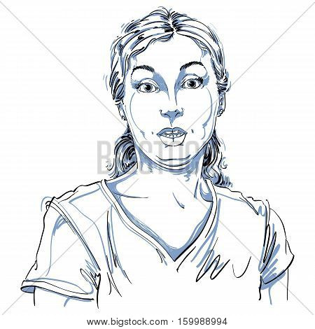 Portrait Of Skeptic Or Cynic Woman, Dizzy Girl. Black And White Vector Drawing. Emotional Expression