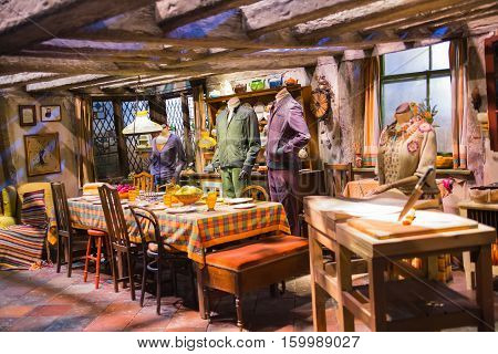Leavesden, London, UK - 1 March 2016: Interior of Burrow, house for Weasleys. Decoration of Warner Brothers Studio