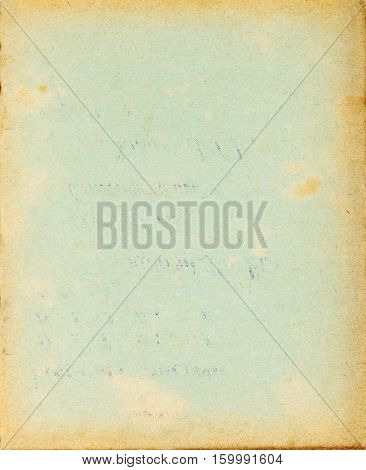 Recycled paper cover page with stains dark borders and text imprint