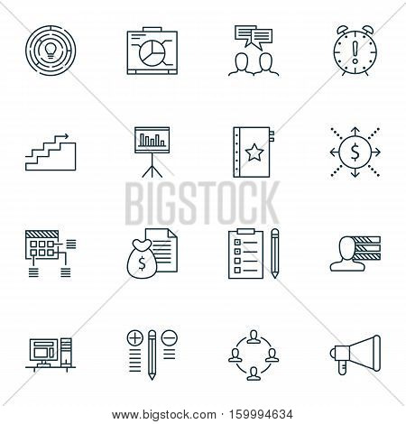 Set Of 16 Project Management Icons. Can Be Used For Web, Mobile, UI And Infographic Design. Includes Elements Such As Personality, Revenue, Report And More.