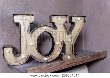 Trendy Decorative Wooden Inscription Joy. Lovely Word. Jnjoy Concept. Fashion Nightlight, Night Lamp