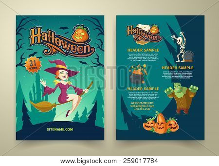 Vector Halloween Invitation On List. Brochure Template With Headers. Background With Sexy Flying Wit