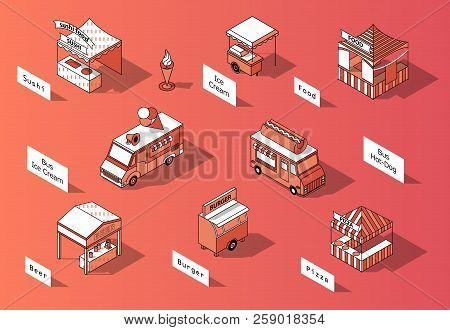 Vector 3d Isometric Food Courts And Trucks. Shops With Sushi, Beer, Pizza. Mobile Markets With Canop