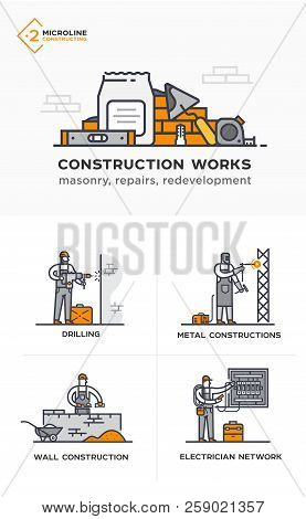 Builders, Masonry, Metal Structures, Electricity, Walls. Stages Of Construction. Lined Icon Icons. A