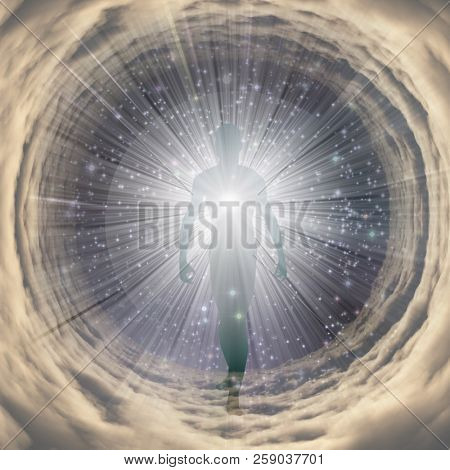 Human figure coming out of light tunnel. 3D rendering