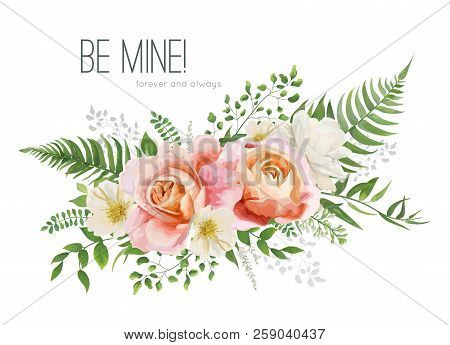 Vector Wedding Invite, Greeting Card Design With Floral Watercolor Bouquet. Garden Pink Peach, Orang