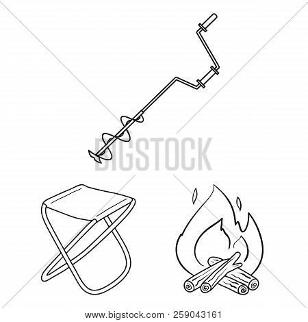 Fishing And Rest Outline Icons In Set Collection For Design. Tackle For Fishing Vector Symbol Stock 