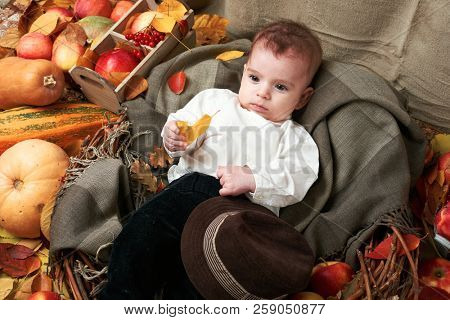 autumn concept - child boy lie on yellow leaves with fruits and vegatbles, red apples and pumpkins