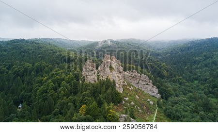 Tustan Rocks From Above . Tustan Castle Aerial View Fly Over. Tustan Was A Medieval Cliff-side Fortr