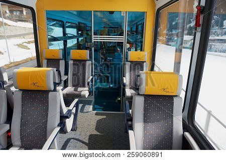 Zermatt, Switzerland - March 03, 2009: Interior Of The Second Class Panoramic Car In The Train Of Ma