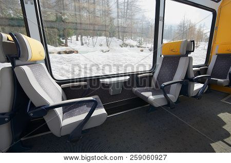 Zermatt, Switzerland - March 03, 2009: Interior Of The Second Class Panoramic Car In The Train Of Ma