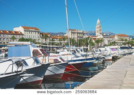 Boat Harbor Of The Old Town Split In Croatia.