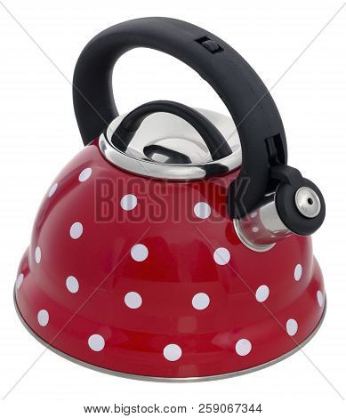 Red Kettle With A Pattern Of White Circles Isolated On A White Background