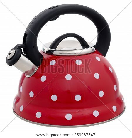 Red Kettle With A Pattern Of White Circles Isolated On A White Background