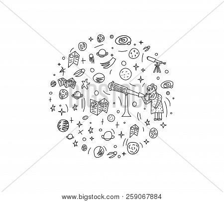 Vector Design Of Astronomer And Astronomic Objects.