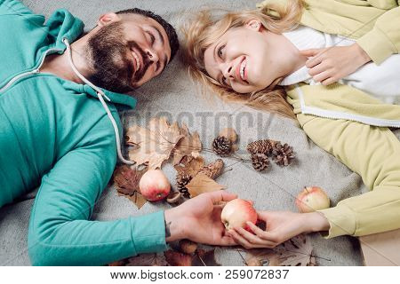 Wife And Husband Are Getting Ready For Autumn Sale. Hello Autumn And Leaf Fall Dreams. Happy People 
