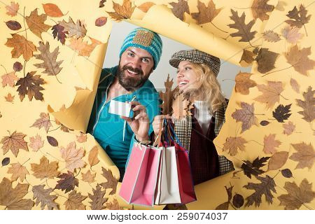 Romantic Couple Wearing Pullover On Autumn Leaves Background. Happy Family In Autumn. Black Friday S