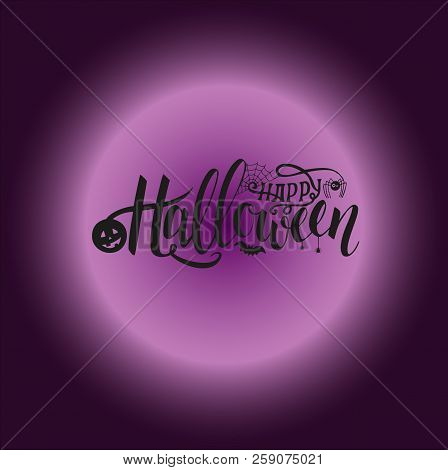 Vector Illustration For Halloween. Happy Halloween Text Banner. Poster For Halloween On Violet Backg