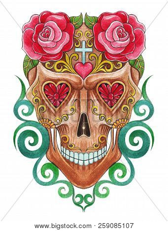 Art Sugar Skull Day Of The Dead. Hand Watercolor Painting On Paper.