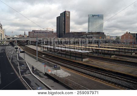 Platform and train view on Oslo central station. Oslo Central Station (Sentralstasjon) is main railway station in Oslo. June 17. 2018. Oslo,Norway