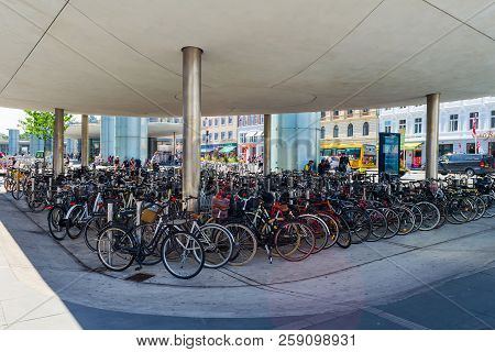 Copenhagen, Denmark - July 11, 2018. Many Bicycles Are Parked. Bicycle, The Main Transport In Copenh