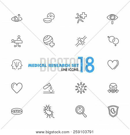 Medical Research Icons. Set Of  Line Icons. Urgent Help, Heart Decease, Virus. Medical Research Conc