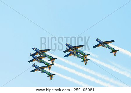 Campo Grande, Brazil - September 09, 2018: Six Fab Esquadrilha Da Fumaca Airplanes Flying Upside Dow