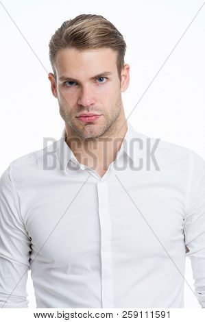 White Collar Worker. Man Well Groomed Unbuttoned White Collar Elegant Shirt Isolated White Backgroun