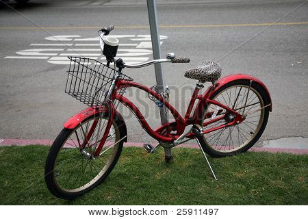 ein rot Fahrrad mit einem Leopardprint Sitz