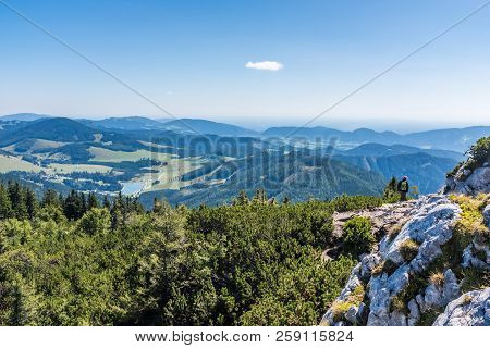 View From Summit Of Mountain Hochlantsch To Lake Teichalmsee To Alps Teichalm And Sommeralm In Styri